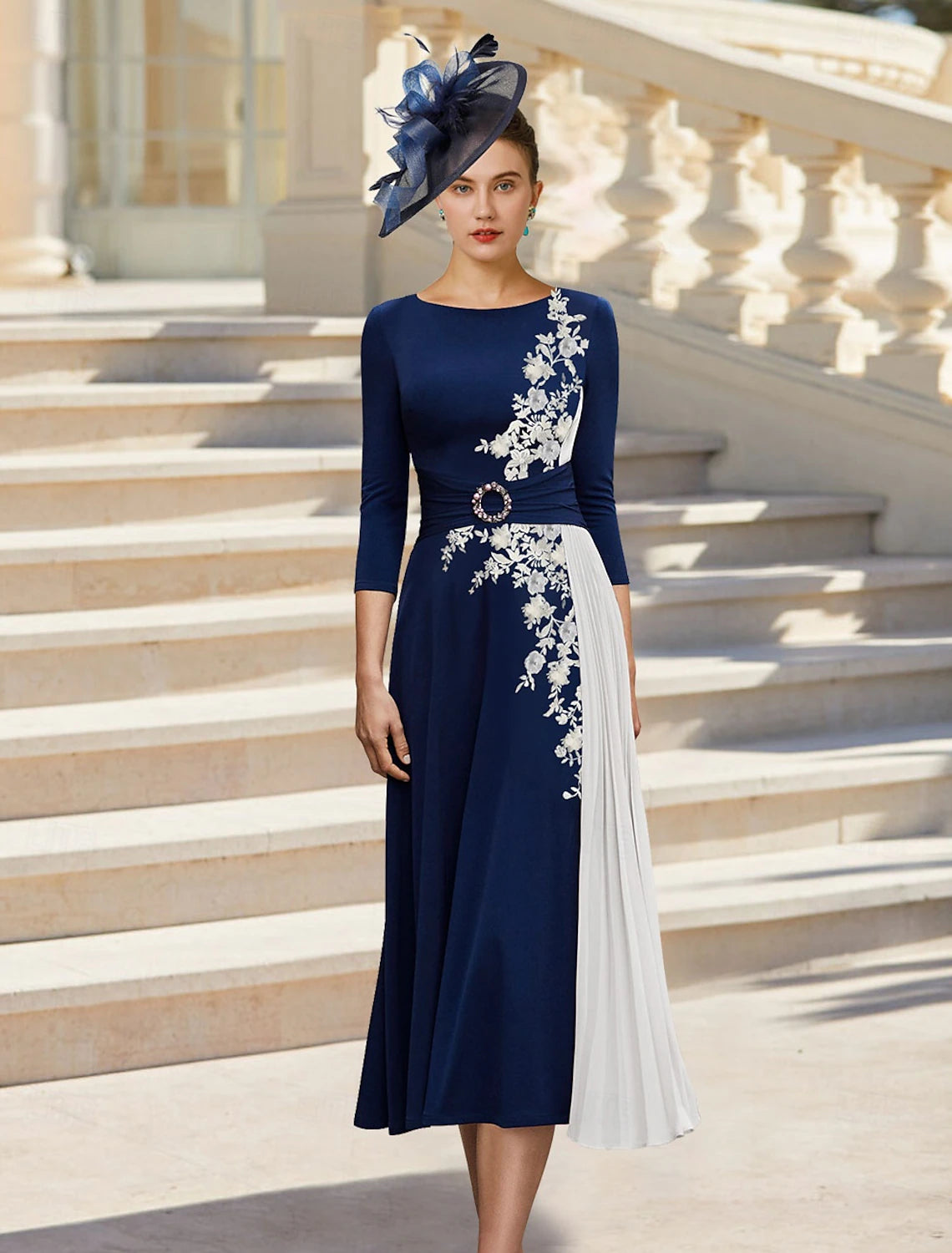 Buyishang A-Line Mother of the Bride Dress Elegant Simple Jewel Neck Tea Length Stretch Chiffon Stretch Fabric 3/4 Length Sleeve with Beading Appliques Flower free custom size